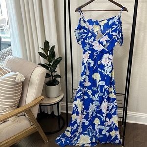 Floral Ruffle, Off the Shoulder Faux Wrap, High-Low Dress - Open Back